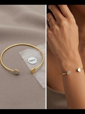 New Gold Tone Heart Cuff Bracelet Rhinestone Accents Dainty Open Bangle NIB